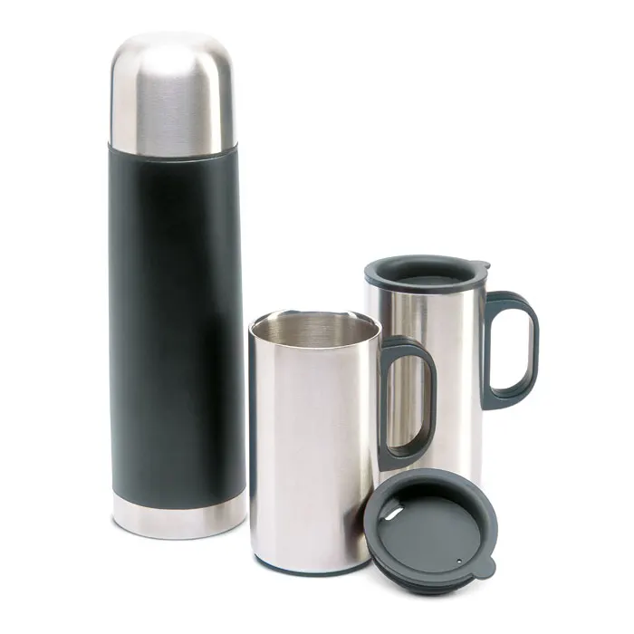 Isoset – Insulation flask with 2 mugs — Black