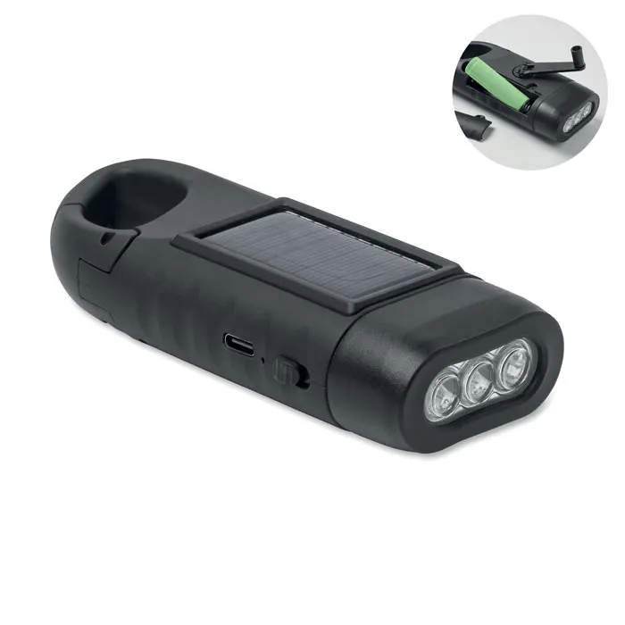 Cranch – Solar torch with dynamo crank — Black